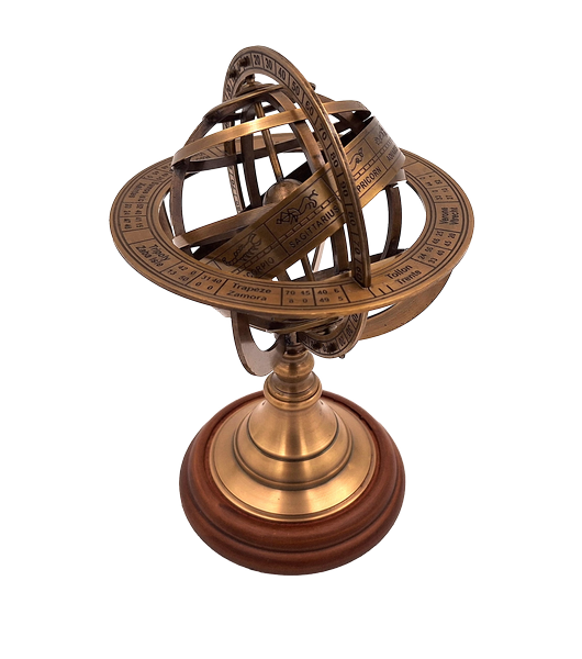 Astrolab din alamă 21 cm cu bază din lemn - Cadou personalizat pentru iubitorii de astronomie, în culoare aurie