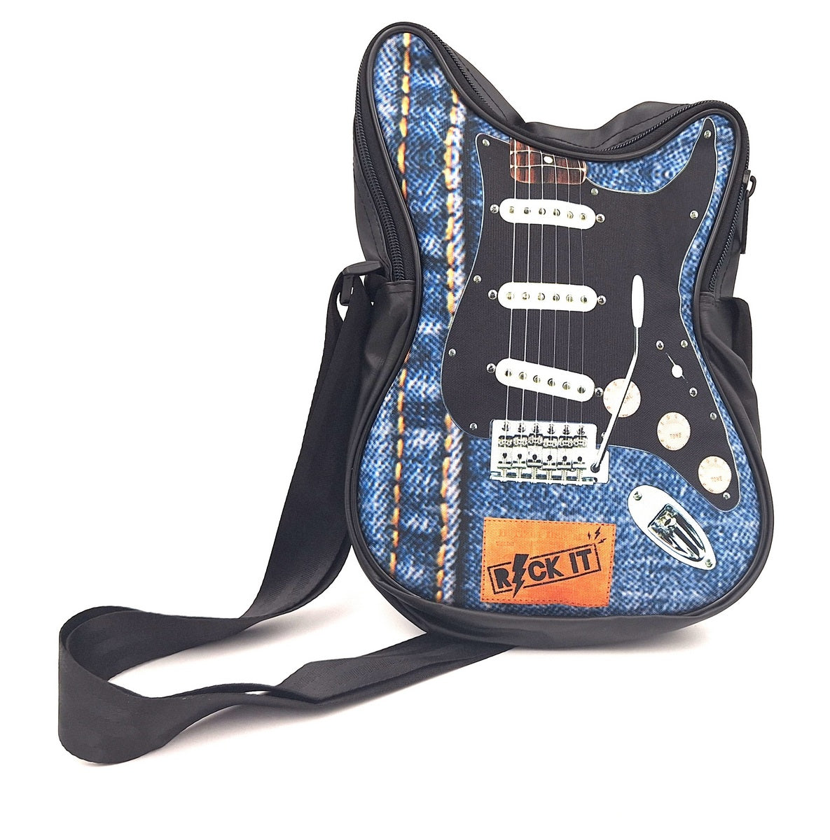 Geantă de umăr în formă de chitară Let’s Rock RBG-019, cu posibilitate de personalizare prin gravură, impermeabilă, ideală ca dar pentru un muzician, PVC 100% și poliester, dimensiuni 34 x 23 x 5 cm