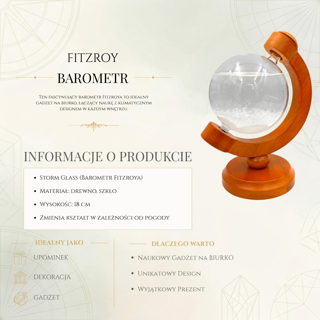 Barometru de furtună FitzRoy glob cu posibilitate de gravare - decorațiune elegantă pentru birou din sticlă și lemn, înălțime 18,5 cm