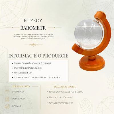 Barometru de furtună FitzRoy glob cu posibilitate de gravare - decorațiune elegantă pentru birou din sticlă și lemn, înălțime 18,5 cm