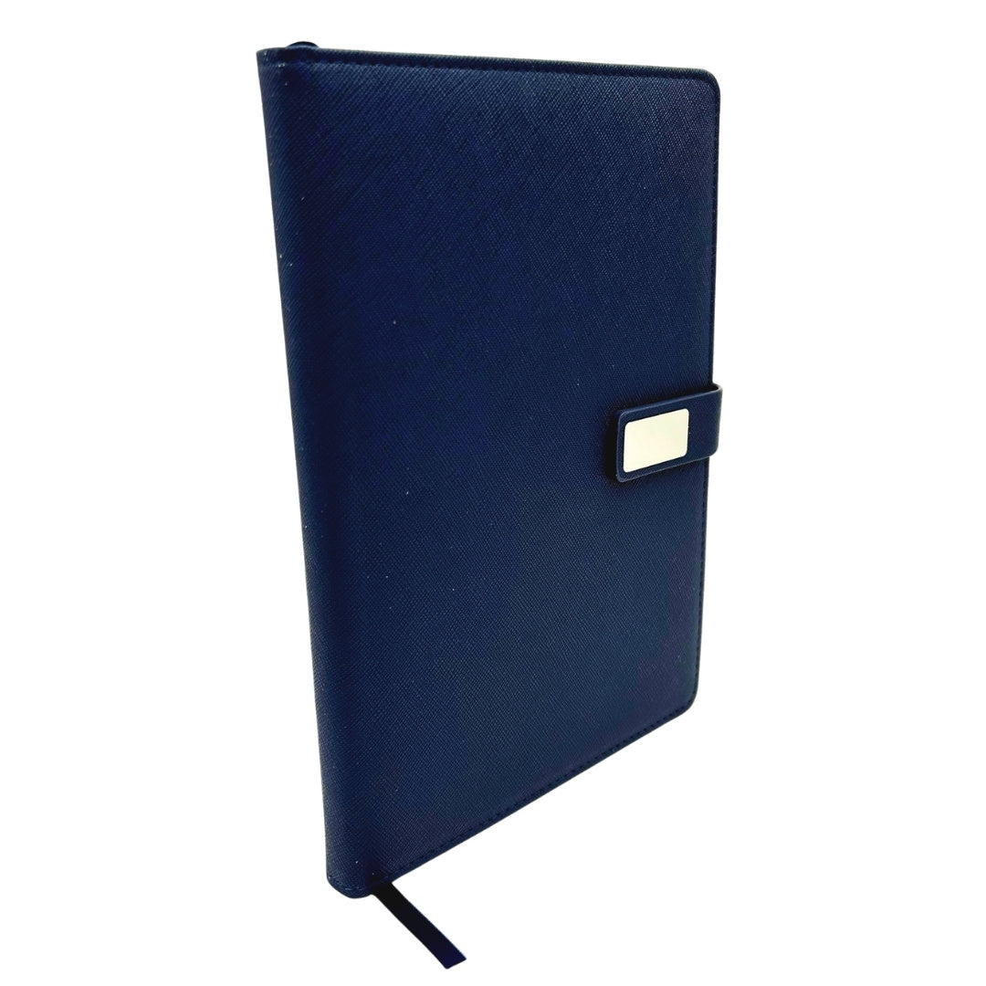 Agendă A5 elegantă din piele bleumarin, cu stilou și gravură personalizată, în cutie cadou