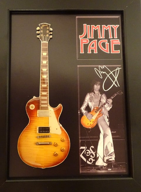 Mini chitară în stil Jimmy Page cu ramă FMG-012, posibilitate de personalizare prin gravură, ideală pentru cadou, ramă din lemn 1,3cm x 16cm x 21,4cm, mini chitară din oțel pentru a fi așezată sau agățată pe perete