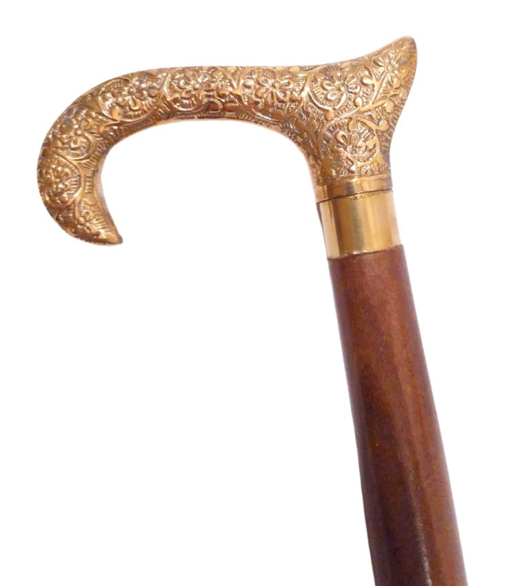 Drewniana Laska do Chodzenia ze Złotą Rączką - Składana - Elegancki Prezent z Możliwością Personalizacji Grawerem - 91,5 cm, Brązowa z Mosiężnym Uchwytem