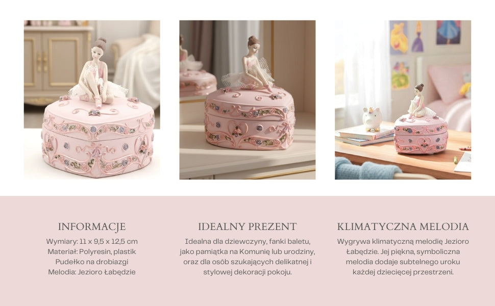 Cutie muzicală mică inimă cu balerină Lacul Lebedelor, cu posibilitate de personalizare prin gravură, roz, 12,5 cm, cadou ideal pentru zi de naștere sau aniversare