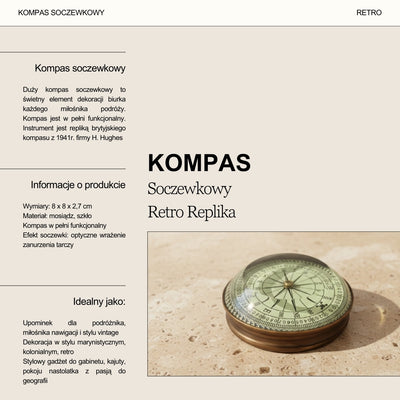 Busolă lenticulară retro din alamă, replică cu gravură – cadou personalizat pentru călător, stil marinăresc, dimensiuni 8x8x2,7 cm, alamă și sticlă, proverb inspirațional