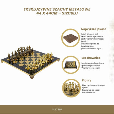 Șah metalic exclusivist cu tablă de șah din alamă 44 x 44 cm – piese medievale cu posibilitate de personalizare prin gravură