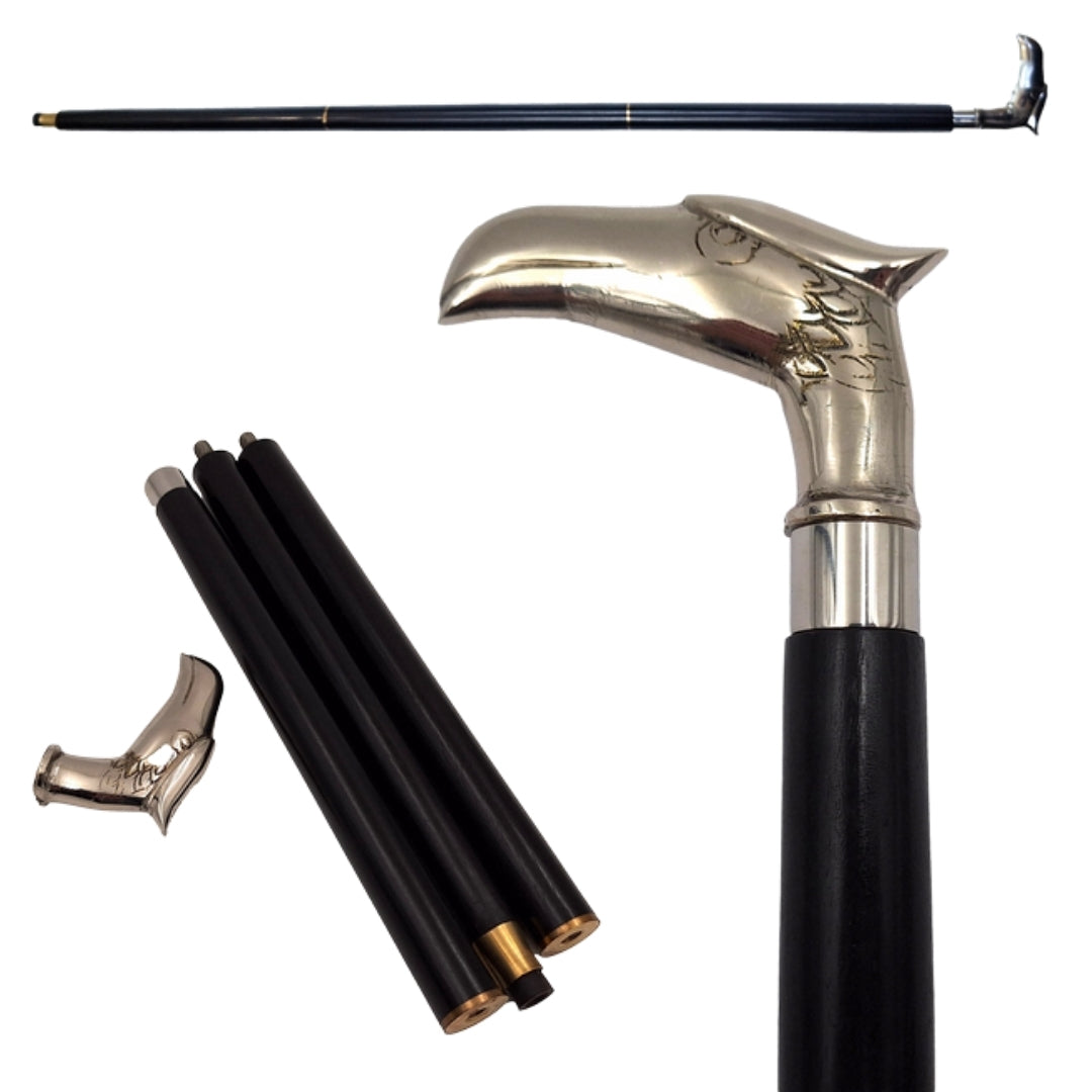 Baston pliabil din lemn cu cap de vultur - cadou elegant cu posibilitate de personalizare prin gravură, lungime 91,5 cm, negru, cu mâner din alamă argintie
