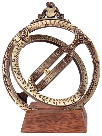 Zegar słoneczny H21 z pierścieniami astronomicznymi, personalizowany grawerem, elegancki prezent na biurko, wysokość 12 cm, mosiądz i znal