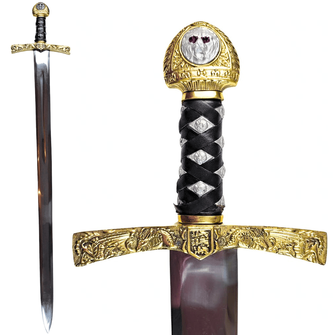 Replică a sabiei Excalibur a regelui Arthur cu gravură – 98,5 cm, lamă din oțel, mâner din alamă