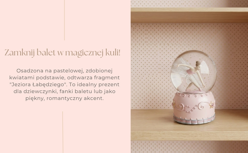 Balerină dansatoare în glob de sticlă 12cm cu posibilitate de personalizare prin gravură - decorațiune elegantă pastelată, cadou pentru iubitorii de balet, realizată din polirășină și sticlă