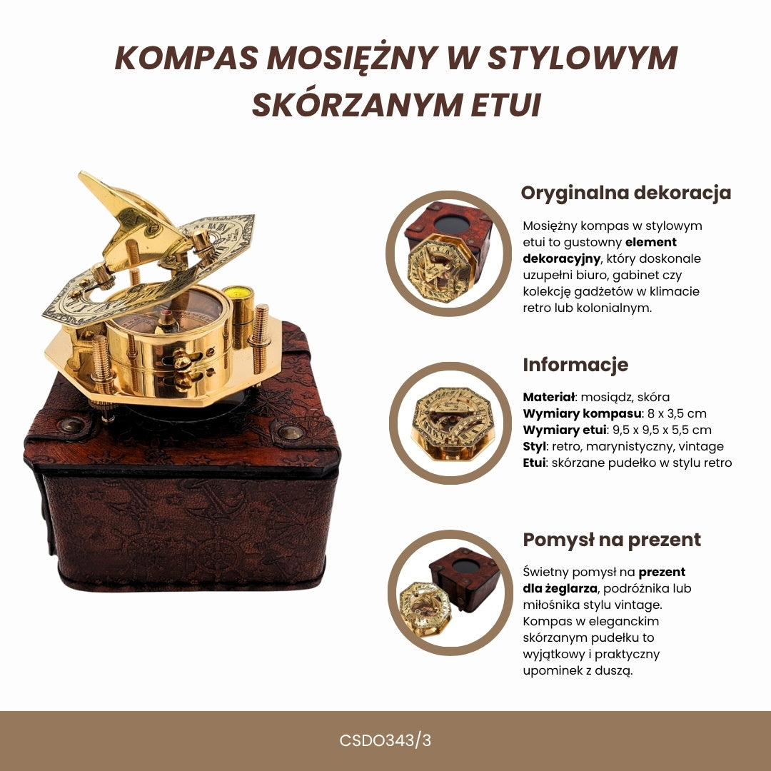 Busolă din alamă în cutie elegantă din piele, cu posibilitate de gravare – cadou retro vintage pentru călător sau navigator - înălțime 8 cm, design elegant din alamă