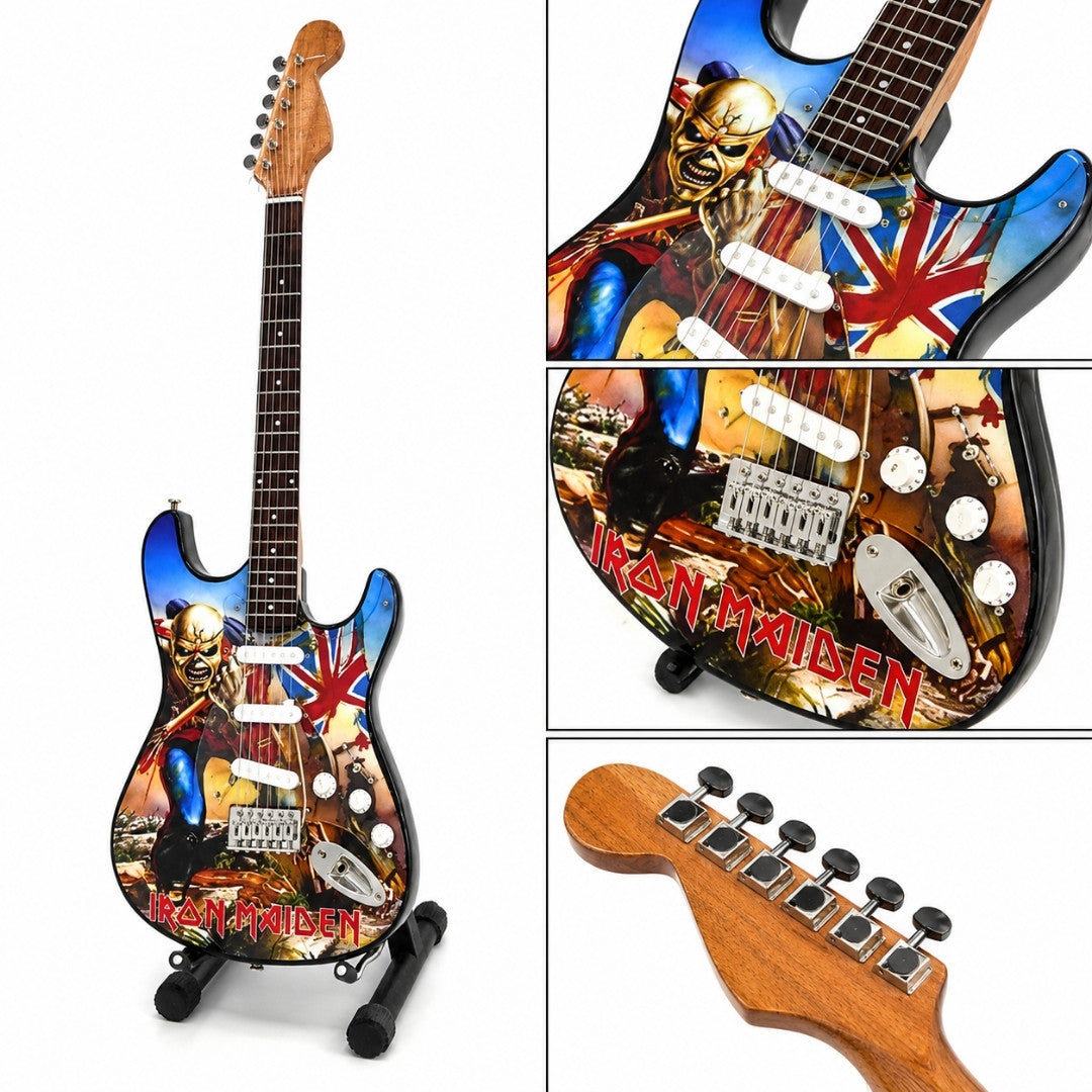 Mini chitară decorativă Iron Maiden „The Trooper” din mahon - ornament realizat manual pentru fanii muzicii