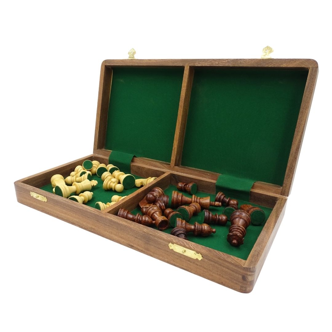 Șah din lemn 40x40 cm cu gravură - tablă de șah pliabilă din palisandru indian, în culoare maro-bej