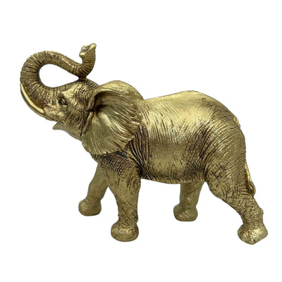 Elefant auriu cu trompa ridicată - Figurină decorativă elegantă cu posibilitate de personalizare prin gravură, ideală pentru cadou - Înălțime 20,5 cm, material polirășină