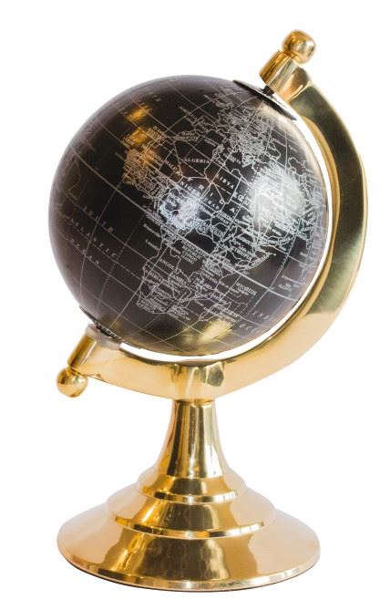 Globus Dekoracyjny Black & Gold z Możliwością Personalizacji Graweru – Elegancki Dodatek na Prezent, Wysokość 20 cm, Mosiężna Podstawa, Czarna Mapa z Srebrnymi Napisami