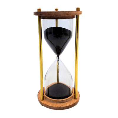 Clepsidră din alamă și lemn de 5 minute cu gravură personalizată – decorațiune retro elegantă pentru cadou – înălțime 15,5 cm, nisip negru, alamă și lemn
