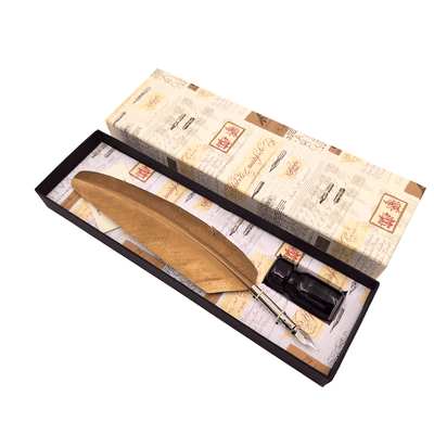 Set de caligrafie - pană de gâscă aurie cu peniță + tuș – 7262