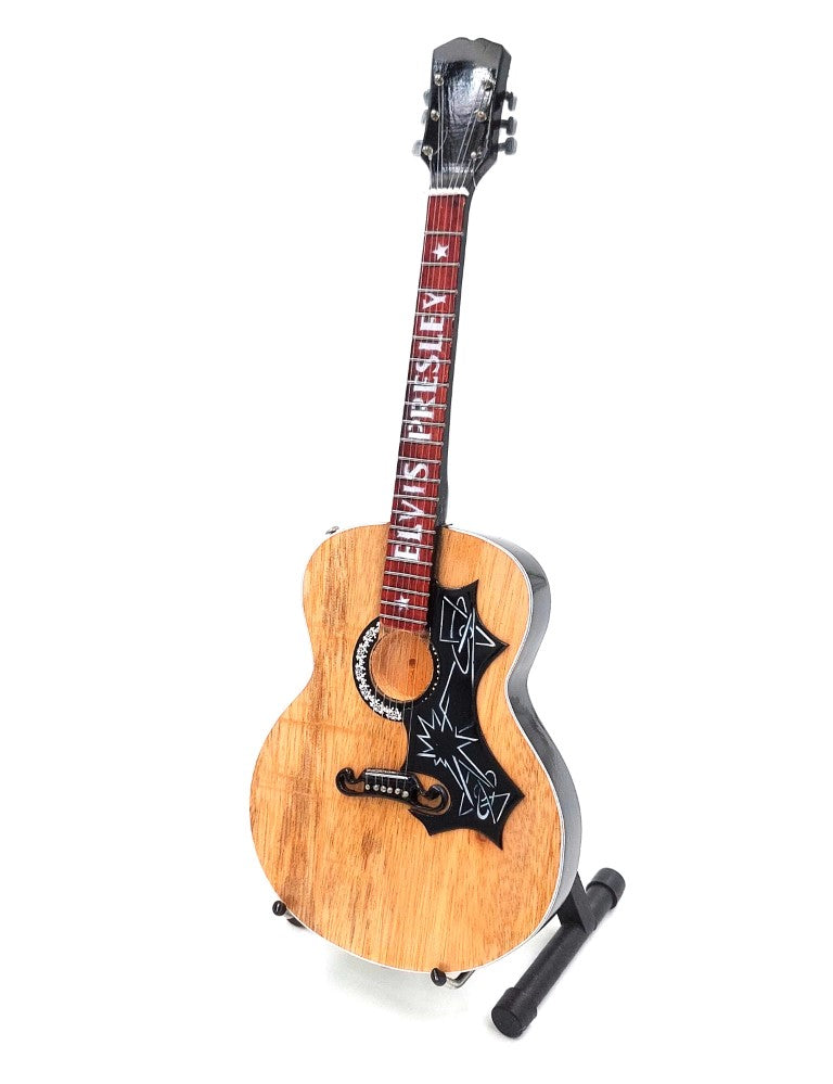 Mini chitară în stil Elvis MGT-0284 din lemn de mahon, cu posibilitate de personalizare prin gravură, ideală pentru cadou, înălțime 24,5 cm
