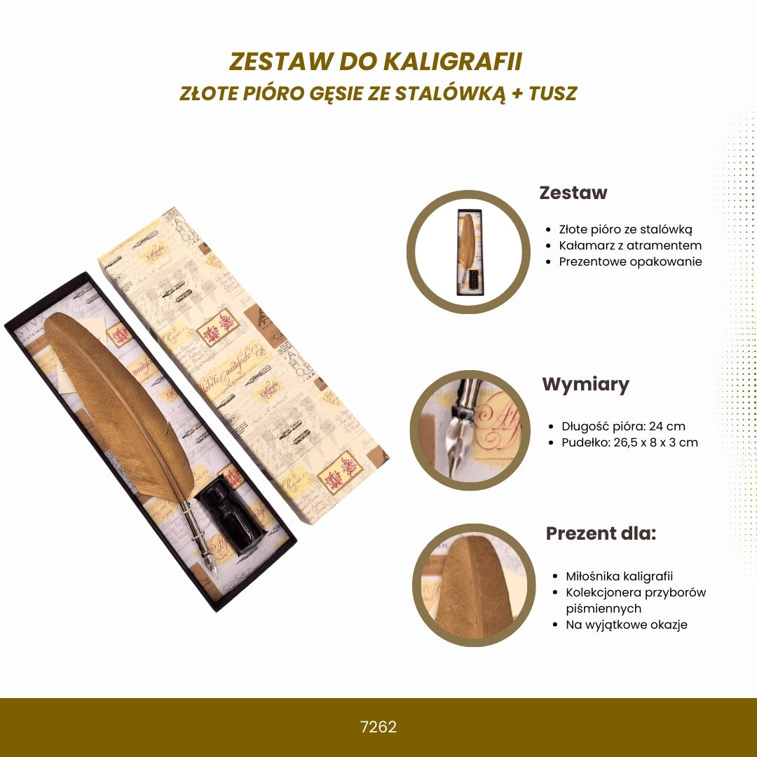 Set de caligrafie - pană de gâscă aurie cu peniță + tuș – 7262