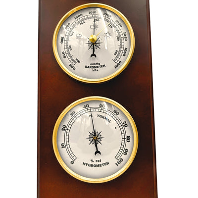 Stație meteo retro elegantă 36cm cu gravură – barometru, termometru, higrometru în carcasă din lemn
