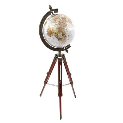Glob colonial elegant pe trepied din lemn NC2140, cu înălțime reglabilă până la 78 cm, hartă laminată în nuanțe de alb și maro, ideal pentru cadou, cu posibilitate de personalizare prin gravură