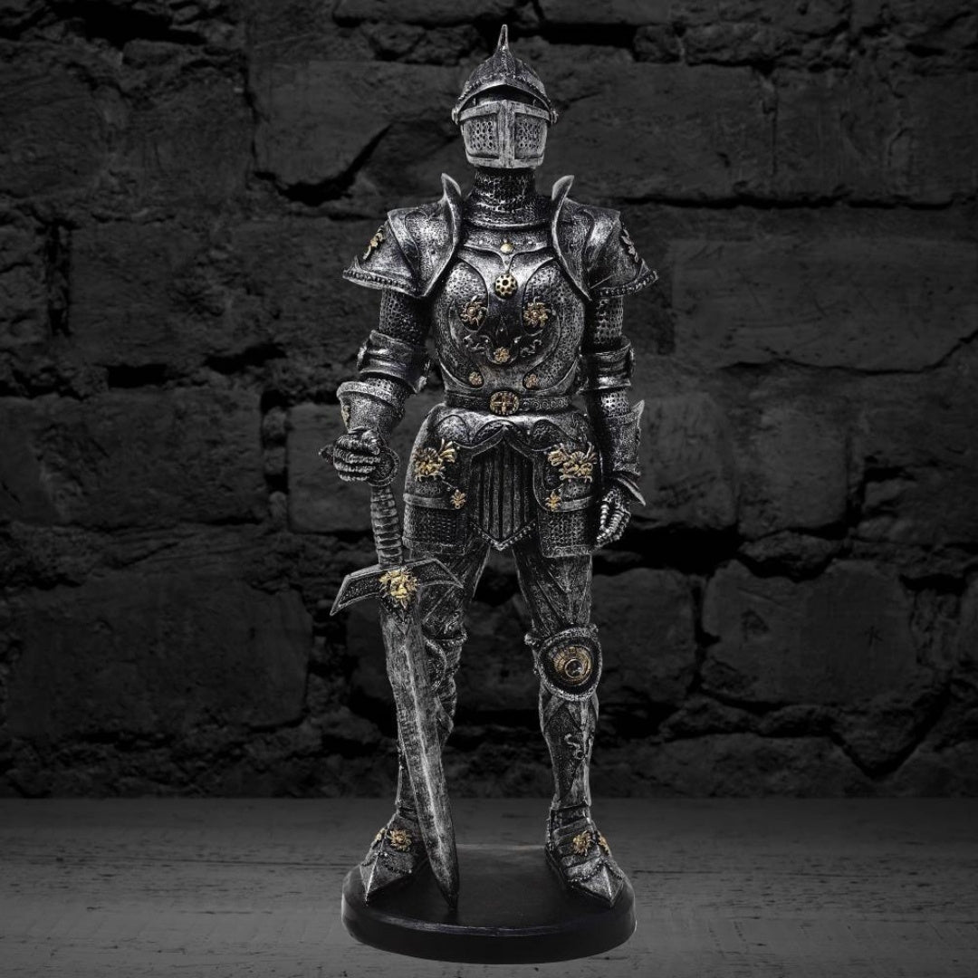 Figurină decorativă cavaler în armură 39cm argintie, cu posibilitate de personalizare prin gravură