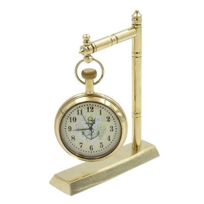 Ceas marinăresc de birou din alamă NC2126, cu posibilitate de gravare, înălțime 12 cm, cadou ideal pentru iubitorul de navigație, cu motiv de ancoră și velier