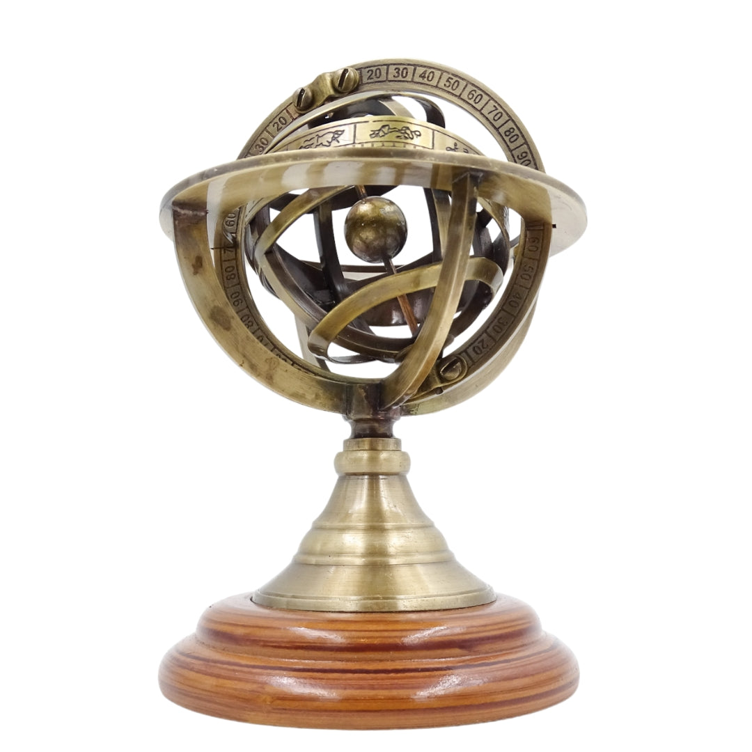 Astrolab din alamă de 14cm cu gravură - cadou unic pentru pasionații de astronomie, decorațiune elegantă din alamă și lemn în culoare aurie