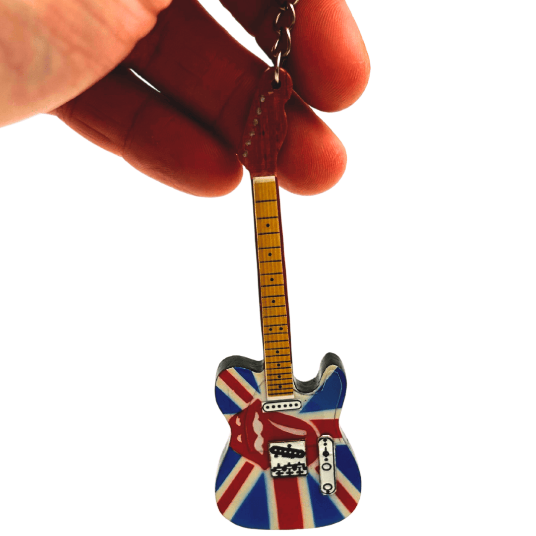 Breloc chitară din lemn The Rolling Stones cu gravură - cadou personalizat din mahon, roșu, 6x11 cm