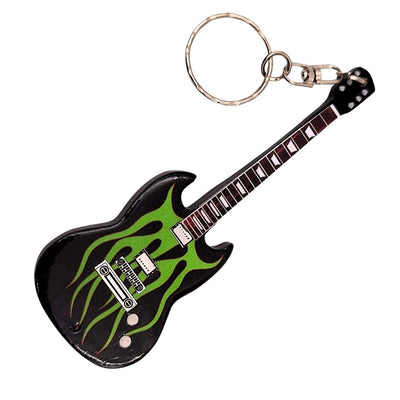Breloc din lemn chitară Metallica Grynch, cu posibilitate de personalizare prin gravură - cadou ideal pentru fanii lui James Hetfield, realizat din mahon, culori: negru, verde, maro, dimensiuni 6 x 10 x 0,5 cm