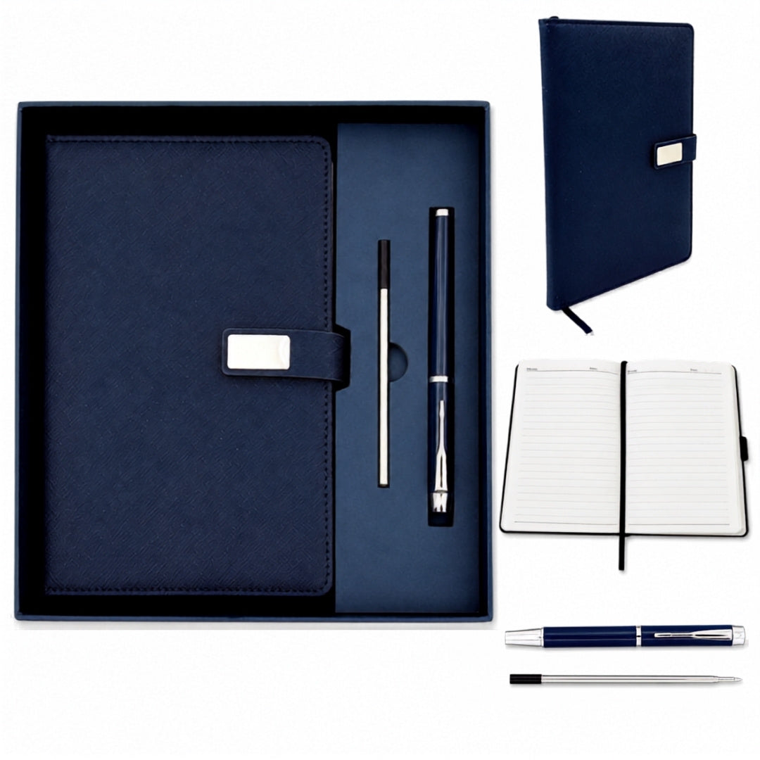 Set cadou elegant carnet din piele A5 bleumarin cu pix în cutie cadou - EE13