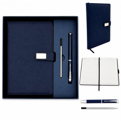 Agendă A5 elegantă din piele bleumarin, cu stilou și gravură personalizată, în cutie cadou
