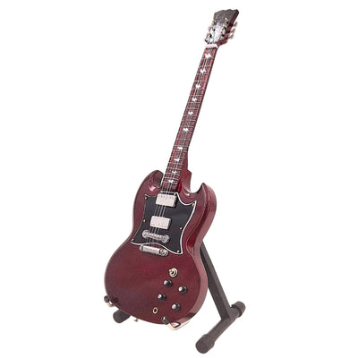 Mini chitară AC/DC Angus Young MGT-0567 cu posibilitate de personalizare prin gravură, ideală pentru cadou, realizată manual din lemn de mahon, maro, înălțime 27,5 cm