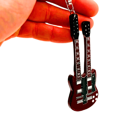 Breloc chitară Led Zeppelin - Jimmy Page - Gravură personalizată - Mahon roșu - Cadou ideal pentru chitarist și fan rock - Dimensiuni 6 x 11 x 0,5 cm