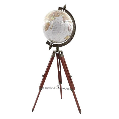 Glob colonial elegant pe trepied din lemn NC2140, cu înălțime reglabilă până la 78 cm, hartă laminată în nuanțe de alb și maro, ideal pentru cadou, cu posibilitate de personalizare prin gravură