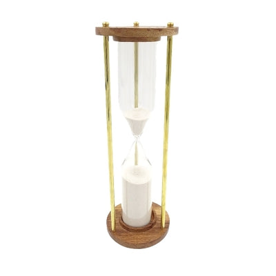 Clepsidră din alamă și lemn 30min, cu posibilitate de personalizare prin gravură - cadou elegant pentru orice ocazie, înălțime 30,5cm, nisip alb, materiale clasice