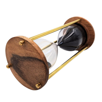 Clepsidră din alamă și lemn de 5 minute cu gravură personalizată – decorațiune retro elegantă pentru cadou – înălțime 15,5 cm, nisip negru, alamă și lemn