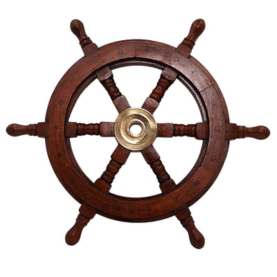 Roată de cârmă din lemn 45 cm cu centru din alamă - gravură personalizată - decorațiune marinărească retro pentru cadou pentru un navigator sau un iubitor al mării