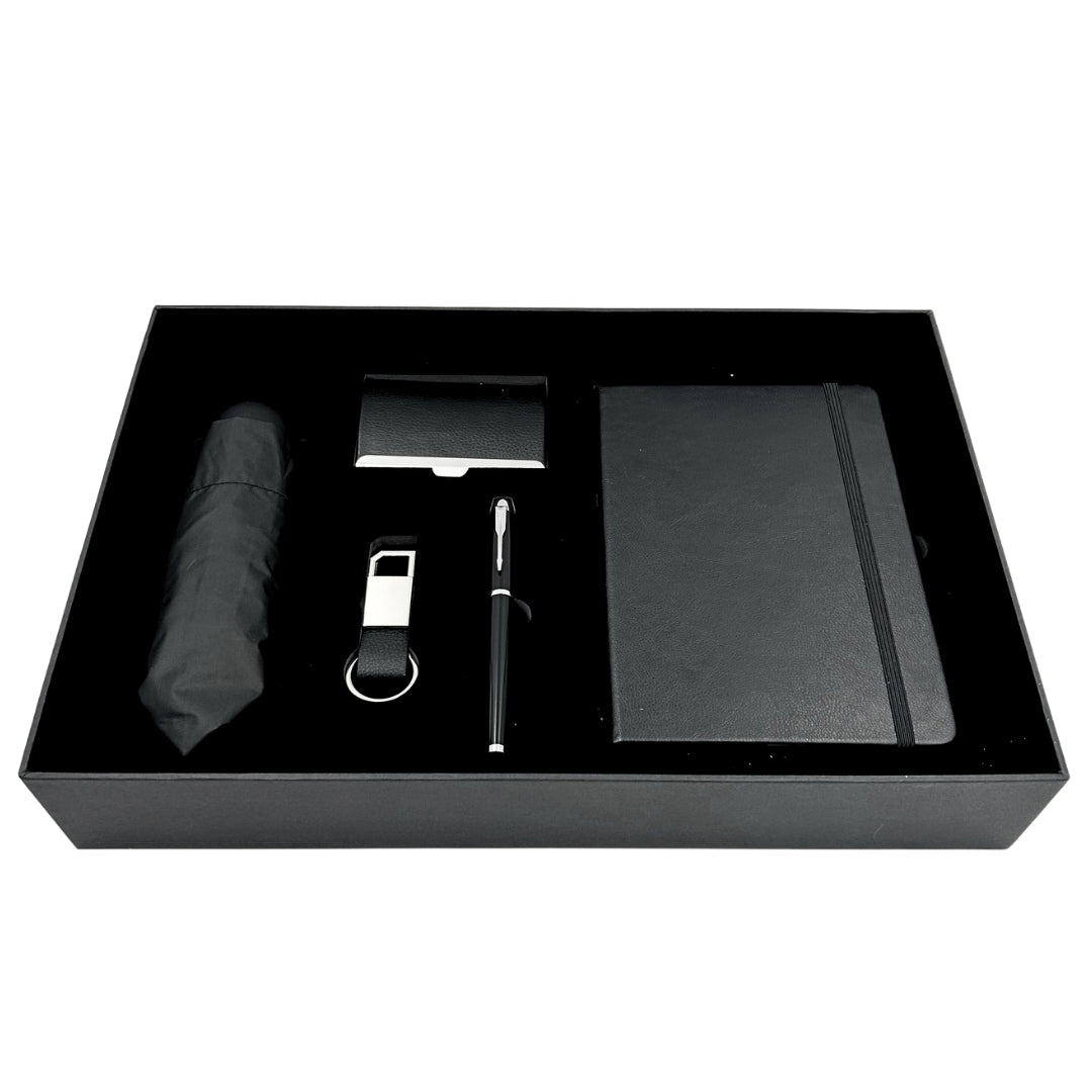 Set cadou elegant Classico cu personalizare - agendă A5 din piele, umbrelă, stilou, suport pentru cărți de vizită și breloc în cutie cadou estetică