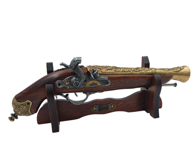 Replică de pistol cu capsă din secolul al XVIII-lea pe suport, cu posibilitate de personalizare prin gravură - Element decorativ elegant și cadou ideal pentru pasionații de istorie - Realizat din metal și lemn, lungime 38 cm