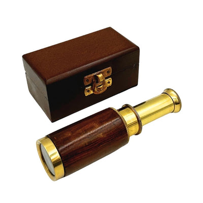 Luneta Mosiężna z Grawerem w Drewnianym Pudełku – Elegancki Prezent w Stylu Retro, Idealna do Dekoracji Biura lub Gabinetu, Wysokość 15,5 cm, Materiał: Mosiądz i Drewno