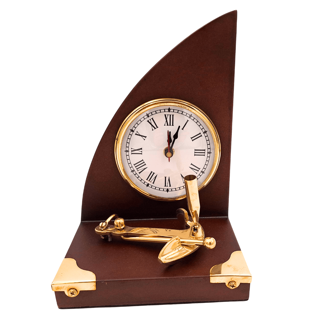 Set elegant de birou în stil marin, ceas și suport pentru pix din alamă și lemn lăcuit – personalizare prin gravură – cadou ideal pentru șef sau pentru iubitorii stilului vintage – dimensiuni 16 x 12,5 x 23 cm