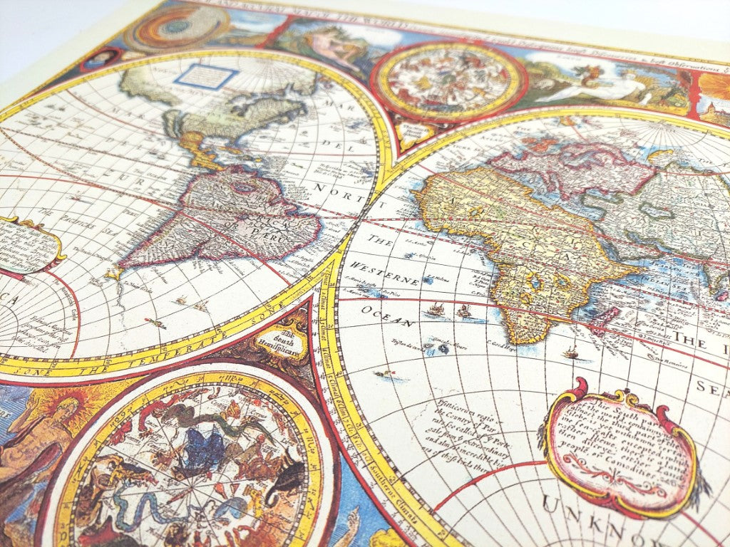 Hartă a lumii retro cu gravură - decorațiune personalizată pentru cadou - reprint după John Speed din anul 1651 - dimensiuni 52 x 39 cm - grafică colorată și detaliată