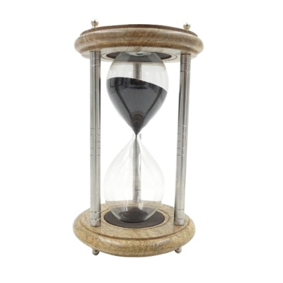 Clepsidră din alamă și lemn, 10 min, cu gravură - cadou elegant de culoare neagră, înălțime 25 cm, realizată din metal, sticlă și lemn de mango