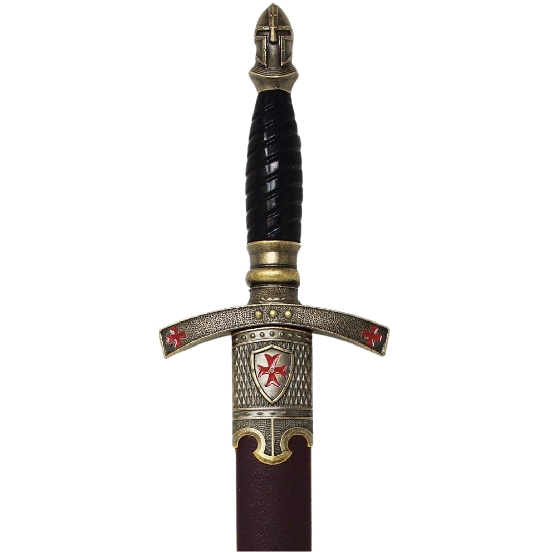 Pumnal templier decorativ în teacă, cu gravură – replică din oțel inoxidabil, 40 cm