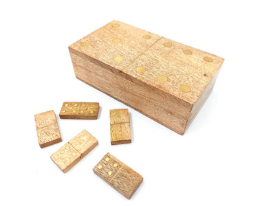 Domino din lemn de mango în cutie cu gravură - cadou personalizat pentru adulți, 28 de piese, decorațiuni din alamă, dimensiunile cutiei 15 x 8 x 4,5 cm