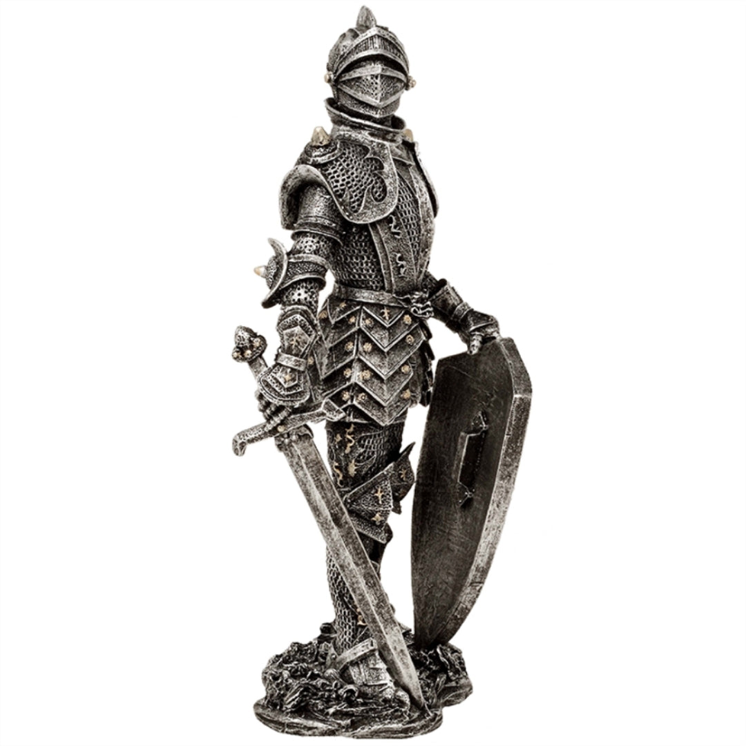 Figurină decorativă cavaler în armură argintie 30 cm, cu posibilitate de personalizare prin gravură - cadou elegant pentru iubitorii de istorie și fantasy, pictată manual, din polirășină