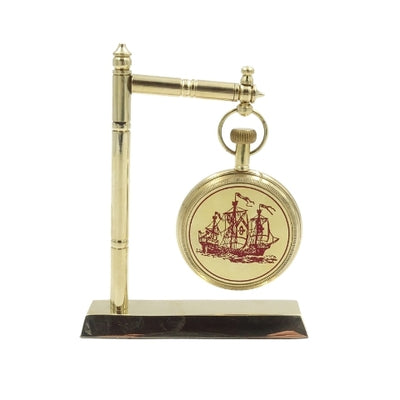 Ceas marinăresc de birou din alamă NC2126, cu posibilitate de gravare, înălțime 12 cm, cadou ideal pentru iubitorul de navigație, cu motiv de ancoră și velier