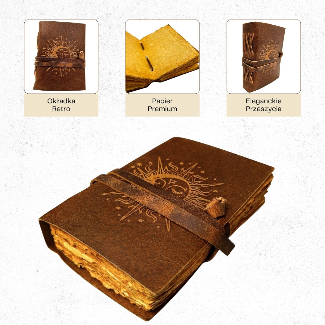 Jurnal din piele vintage, 200 de pagini, cu gravură - Soarele și Luna - piele naturală de bivol - ideal pentru cadou - 18x13 cm - jurnal elegant cu hârtie de 150 GSM
