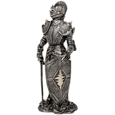 Figurină decorativă cavaler în armură argintie 30 cm, cu posibilitate de personalizare prin gravură - cadou elegant pentru iubitorii de istorie și fantasy, pictată manual, din polirășină